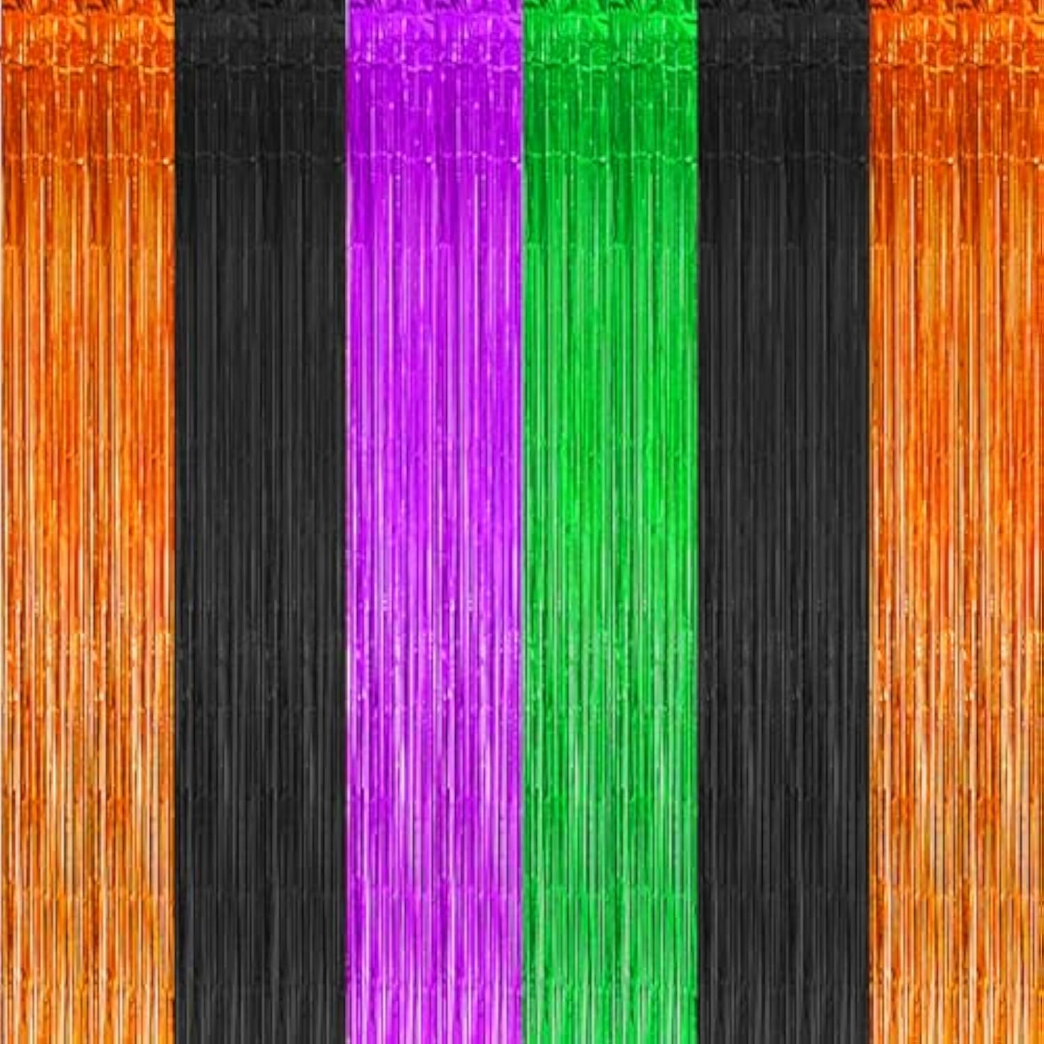 3 Pack Halloween Foil Fringe Curtains Backdrop Black Orange Purple Green Decor