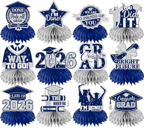 12pcs Graduation Table Decorations,Silver and Navy Blue Graduation Decorations 2026 Graduation Centerpieces for Tables,Class of 2026 Centerpieces Honeycomb for Congrats Grad Table Decor (Navy Blue)
