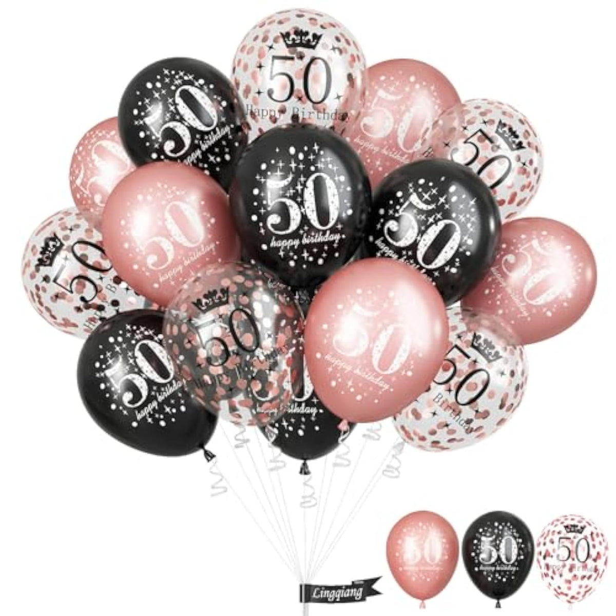 50Th Birthday Decorations For Women, Pack Of 15 Happy 50Th Birthday Balloons Black Rose Gold Confetti Latex Helium Balloons For Her Age 50 Years Old 50Th Birthday Party Decor Celebration Supplies