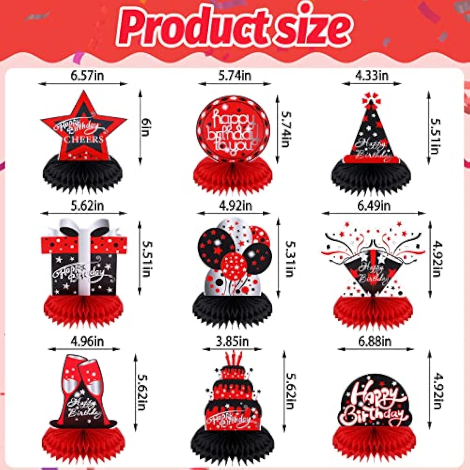 9 Pcs Red And Black Birthday Decorations Table Honeycomb Centerpieces
