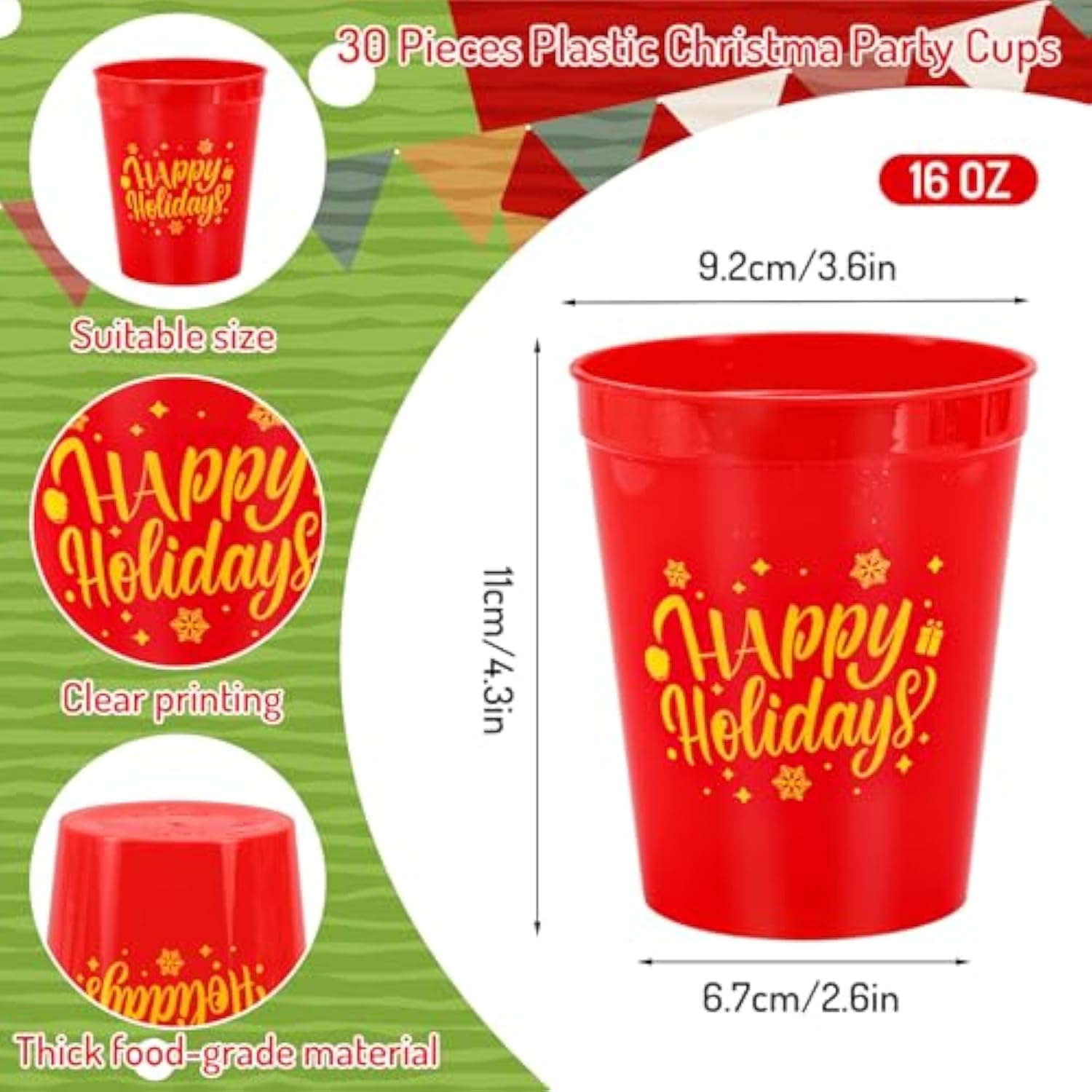Christmas Plastic Cups 16Oz Merry Xmas Theme Red Green White Reusable Cups Decorative Holiday Party Drinkware For Hot Cold Drinks Coffee Juice Beer Candy Snacks Winter New Year Party, 30 Pcs