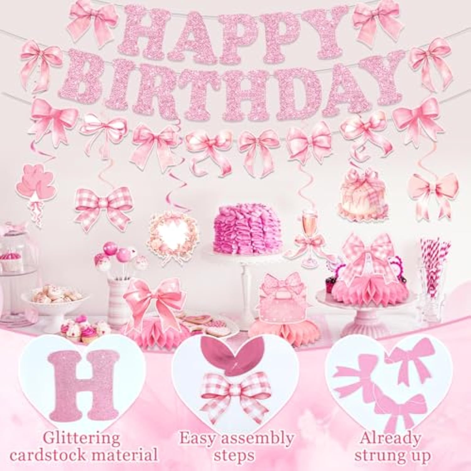 Pink Bow Birthday Party Decorations Girl Bow Themed Party Decor Include Happy Birthday Banner Hanging Swirls Table Honeycomb Centerpieces Hanging Banners For Girls Baby Shower Birthday Party Decor