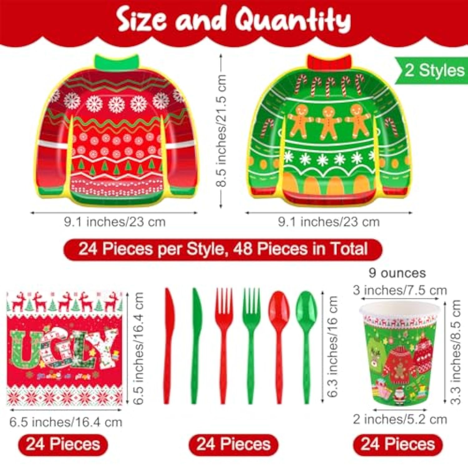 168 Pieces Ugly Sweater Christmas Paper Plates Ugly Sweater Party Decorations Xmas Disposable Dinnerware Set Ugly Party Plates Napkins Cups Cutlery Party Supplies Set, Serves 24 Guests