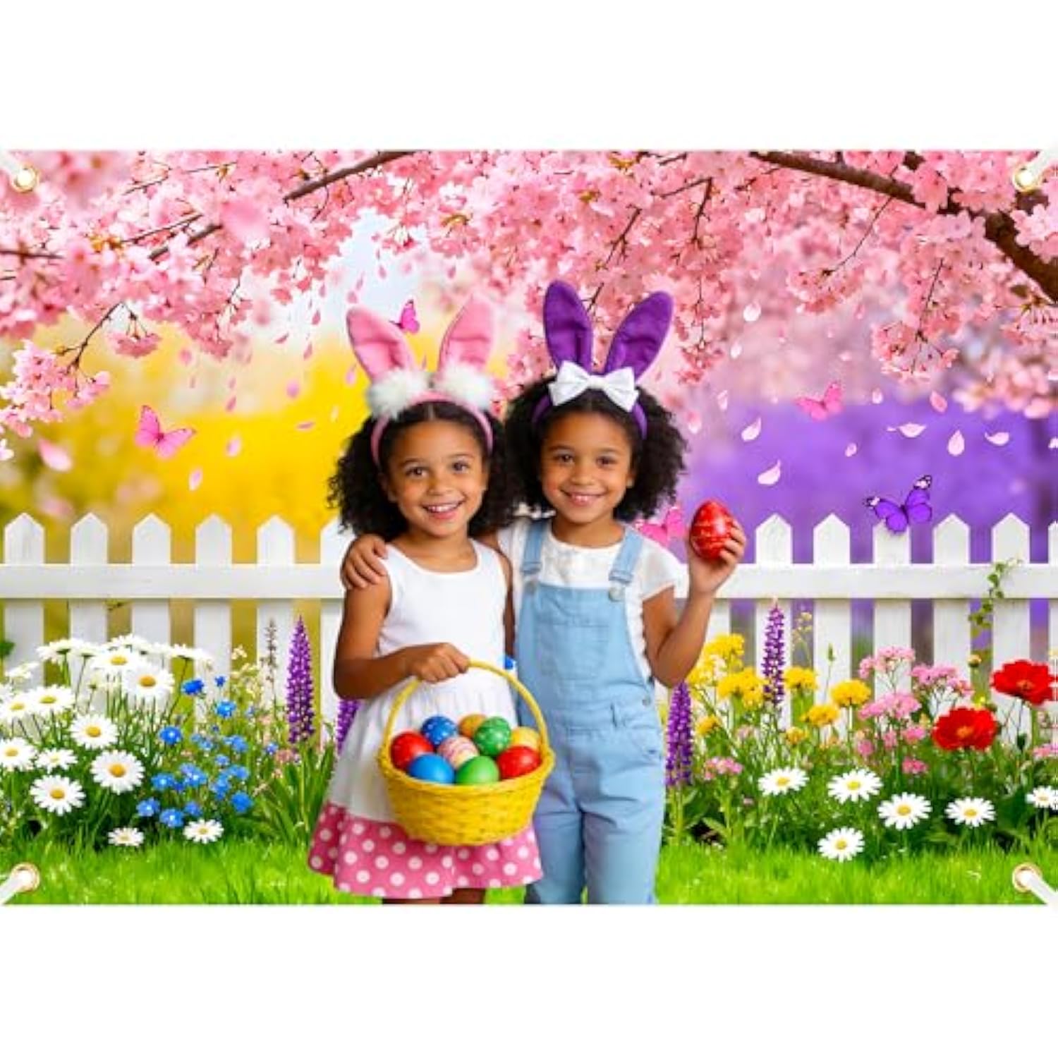 Spring Easter Backdrop 7X5Ft Pink Flowers Garden Backdrop Polyester Easter Backdrops For Photography Spring Banner Natural Scenery Background For Birthday Wedding Party Photo Studio Prop With Ribbon