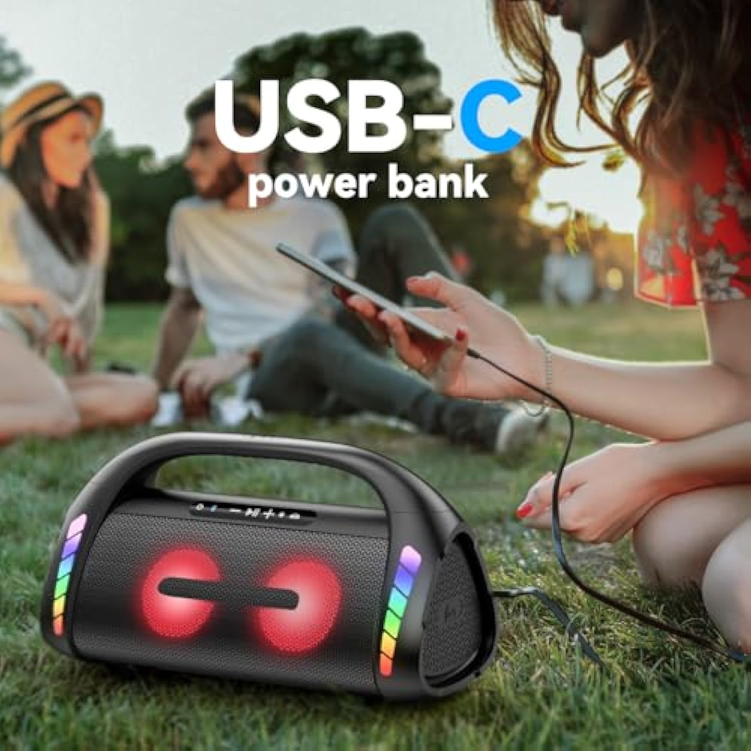 Lfs Outdoor Speaker,100W Loud Speakers Bluetooth Wireless With Subwoofer,Deep Bass, Portable Bluetooth Speaker With Power Bank, Led Lights,Usb-C,Waterproof, 30Hours Playtime For Home,Backyard,Camping