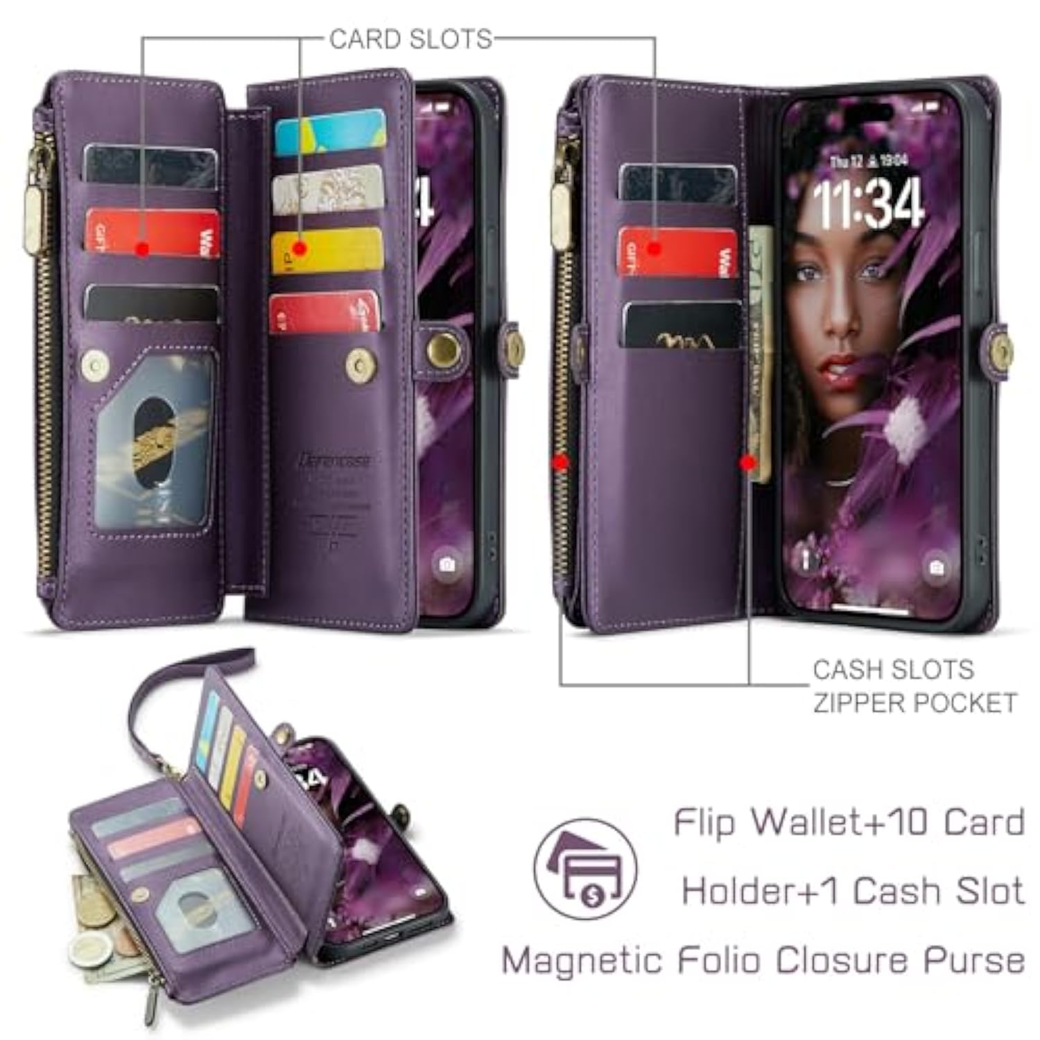 Compatible With Iphone 11 Case Wallet With Rfid Blocking Card Holder For Women And Men, Fashion Pu Leather Magnetic Snap Flip Zipper Strap Wallet Phone Case Fit For Iphone 11 6.1", Purple