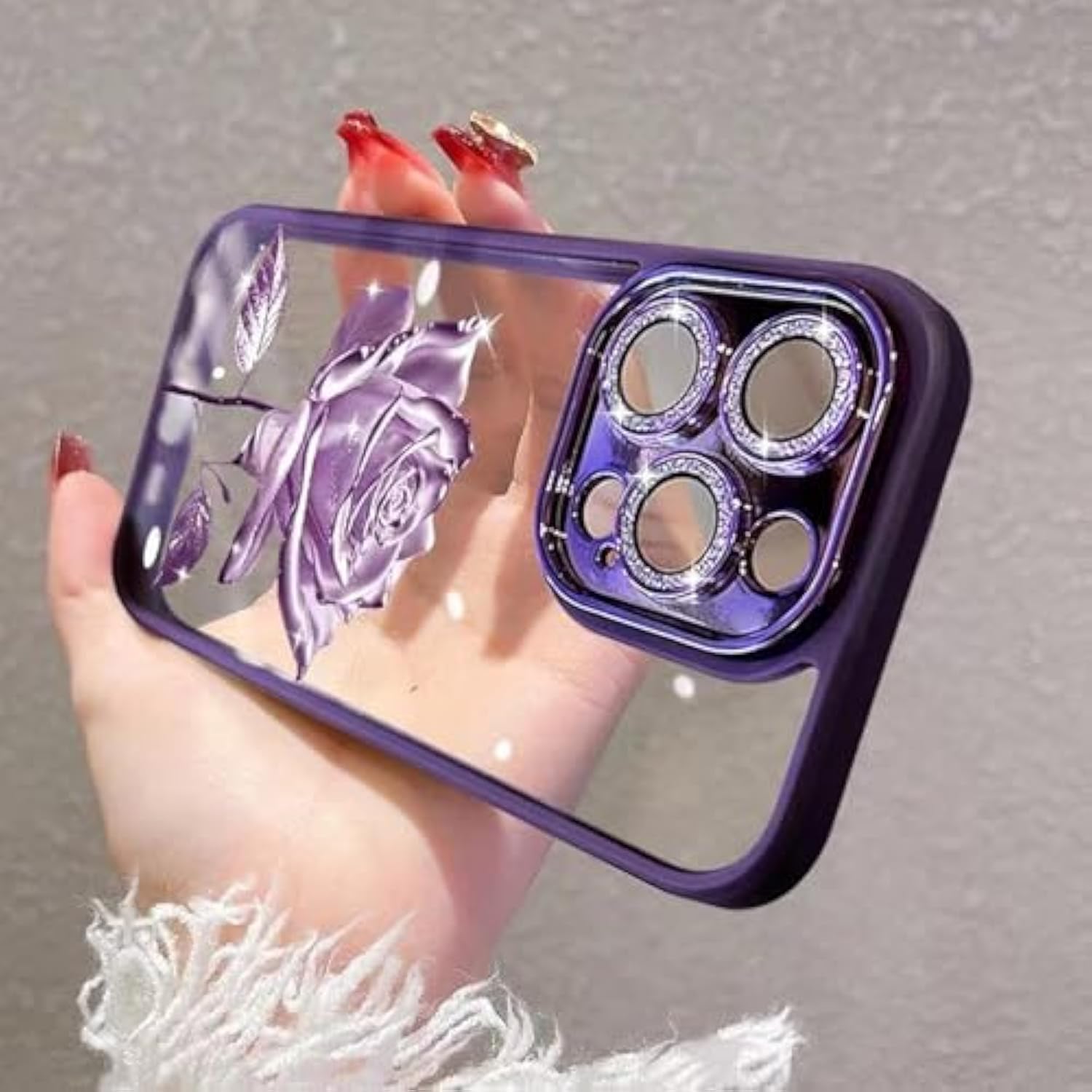 For Iphone 16 Pro Max Fairy Rose Clear Case,Cute Flower Floral With Glitter Bling Sparkly Camera Lens Protector Soft Tpu Bumper Shockproof Women Girls Case For Iphone 16 Pro Max 6.9" (Purple)