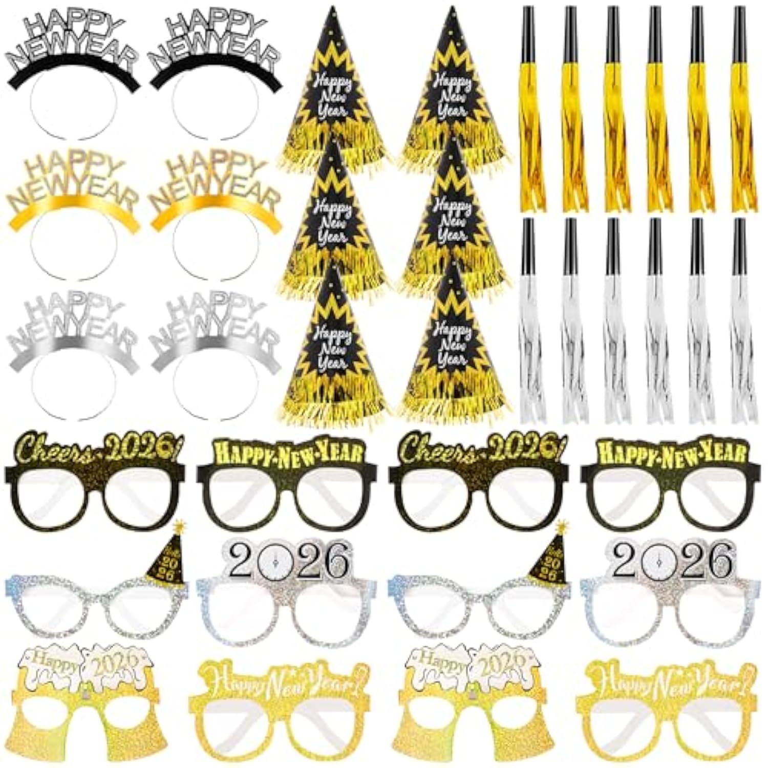 36pcs New Year 2026 Party Kit Black Gold Silver Hats Glasses Noise Makers