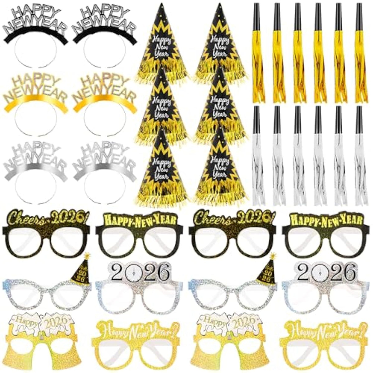 36pcs New Year 2026 Party Kit Black Gold Silver Hats Glasses Noise Makers