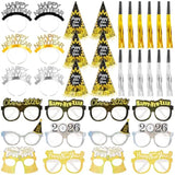 36pcs New Year 2026 Party Kit Black Gold Silver Hats Glasses Noise Makers