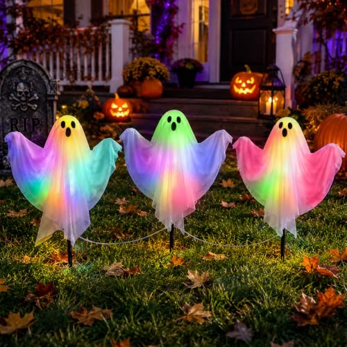 3 Pcs Halloween Lighted Ghost Stakes with Remote Control & Timer, 17.7 inch Glowing Ghost Yard Decorations, LED Outdoor Ghost Pathway Lights, Spooky Lawn Stake Decor for Halloween Yard, Garden,Party