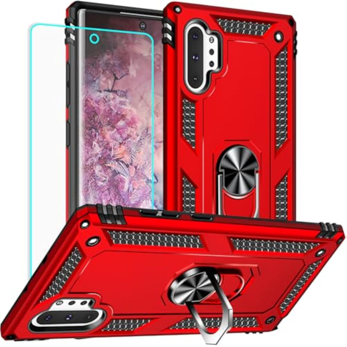 For Samsung Galaxy Note 10 Plus Case With Screen Protector:[Military Grade Drop Tested] Ring Holder Kickstand Shockproof Anti-Slip Protective Phone Case For Note 10 Plus 6.8- Red