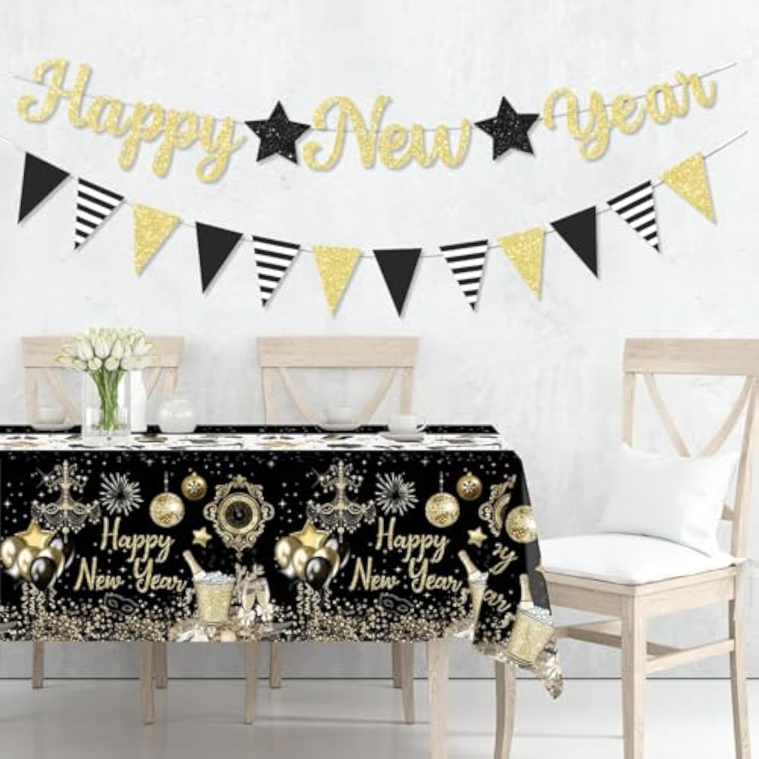 Glitter Happy New Year 2026 Gold Banner for New Year Eve Party Decorations