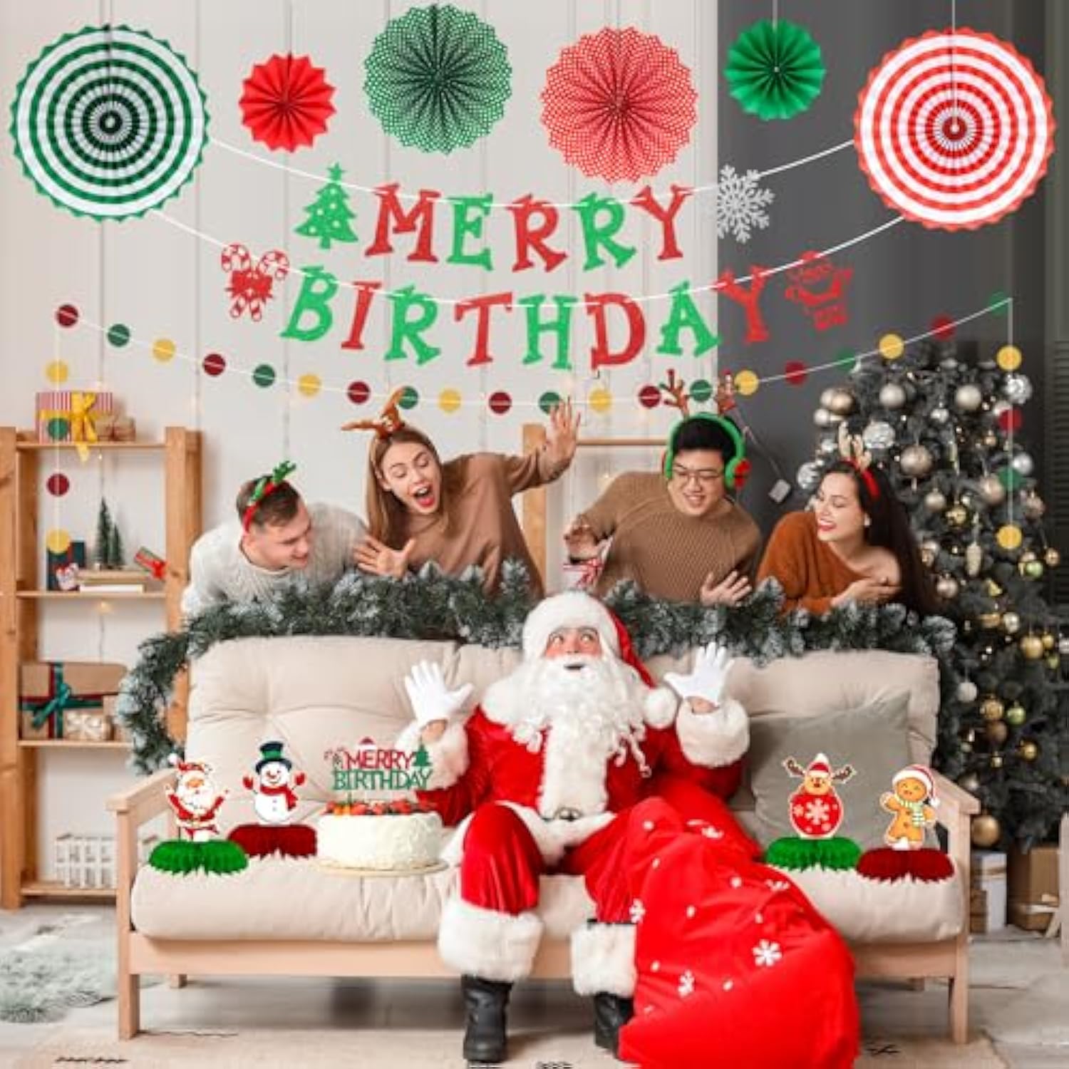 Christmas Birthday Decorations, Red And Green Merry Birthday Banner Paper Fans Hanging Swirls Centerpieces Cake Topper Kit, Christmas Xmas Bday Photo Backdrop Background Party Supplies