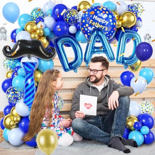 Father's Day Balloon Arch, Royal Blue Light Blue Metallic Gold Balloon Garland Kit with Large Beard Tie Foil Balloons, Father Dad Letter Balloons for Dad's Day Party Decorations