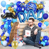 Father's Day Balloon Arch, Royal Blue Light Blue Metallic Gold Balloon Garland Kit with Large Beard Tie Foil Balloons, Father Dad Letter Balloons for Dad's Day Party Decorations