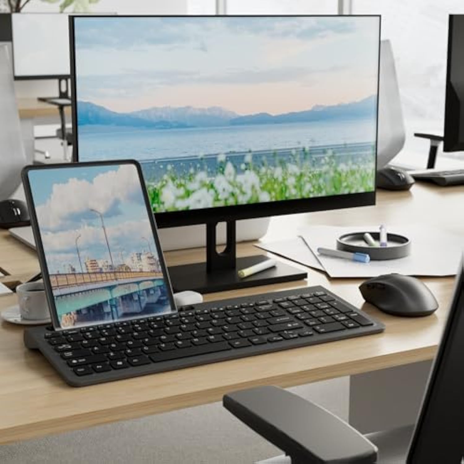 Wireless Keyboard And Mouse, Ergonomic Keyboard Mouse With Phone Holder, 2.4Ghz Cordless Keyboard Mouse For Mac, Windows, Pc, Laptop ?Black?