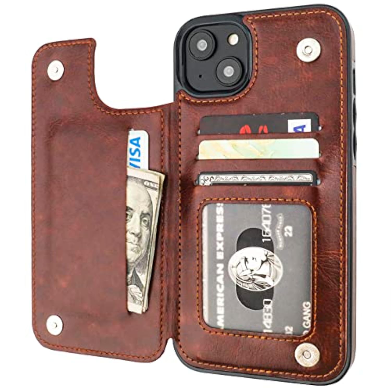 Brown Leather Wallet Case for iPhone 14 Plus with Credit Card Holder