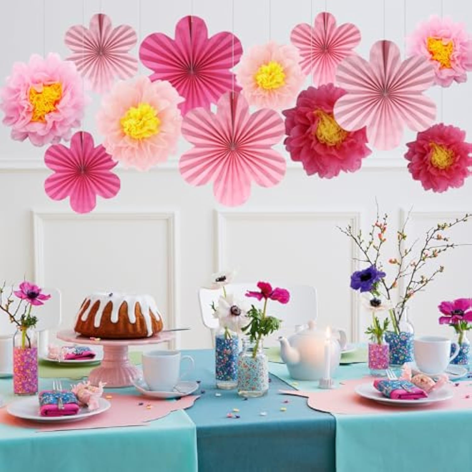 12Pcs Paper Flowers Fans Hot Pink Party Decorations Tissue Paper Flowers Decorations For Girl Groovy Birthday Baby Shower Wedding Bachelorette Room Wall Hanging Décor
