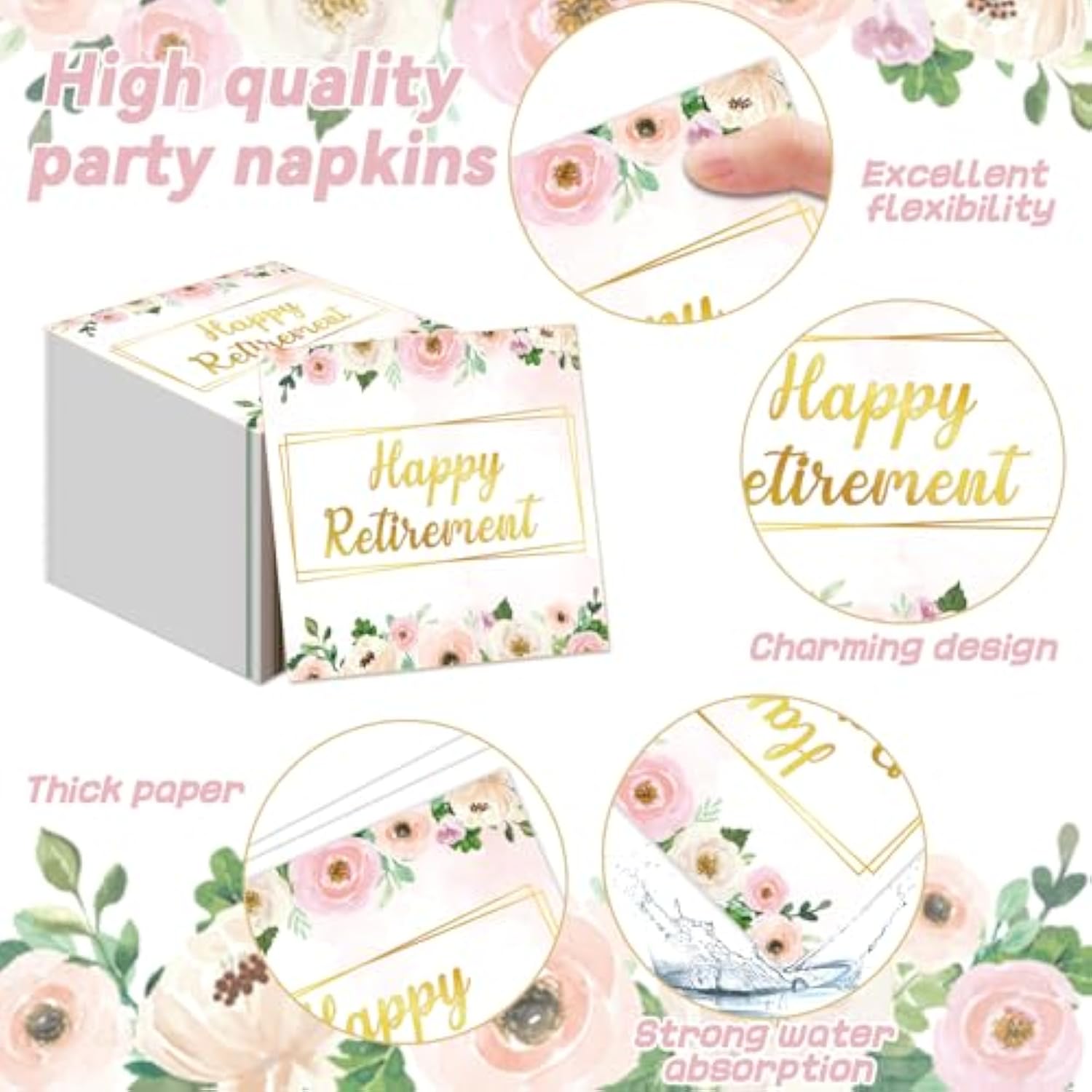 200Pcs Flower Retirement Party Decor For Women White Peony Happy Retirement Plates Tableware Pink Gold Floral Retirement Dinnerware Napkin For Goodbye Going Away Farewell Party Supplies 50 Guests