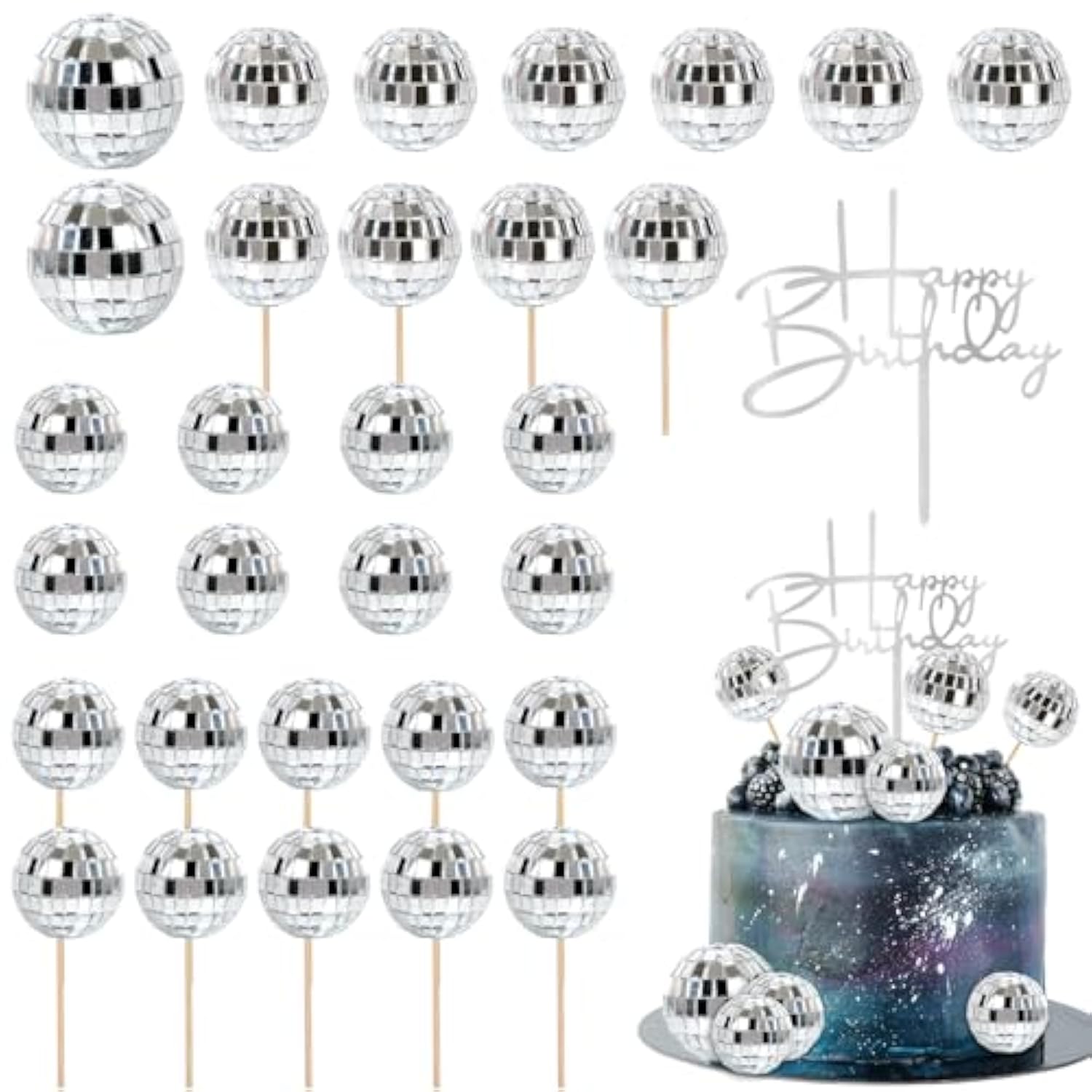 31Pc Disco Ball Cake Toppers & Happy Birthday Pick for 1970s Theme Party Decor