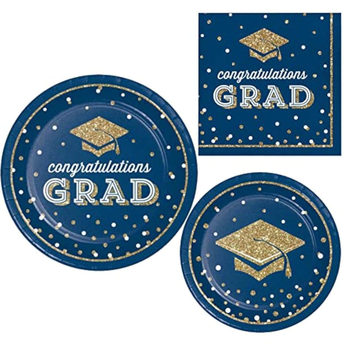 Graduation Party Supply Pack For 18 People | Paper Dinner & Dessert Plates & Napkins | Glittering Grad Design, Blue, Gold, White