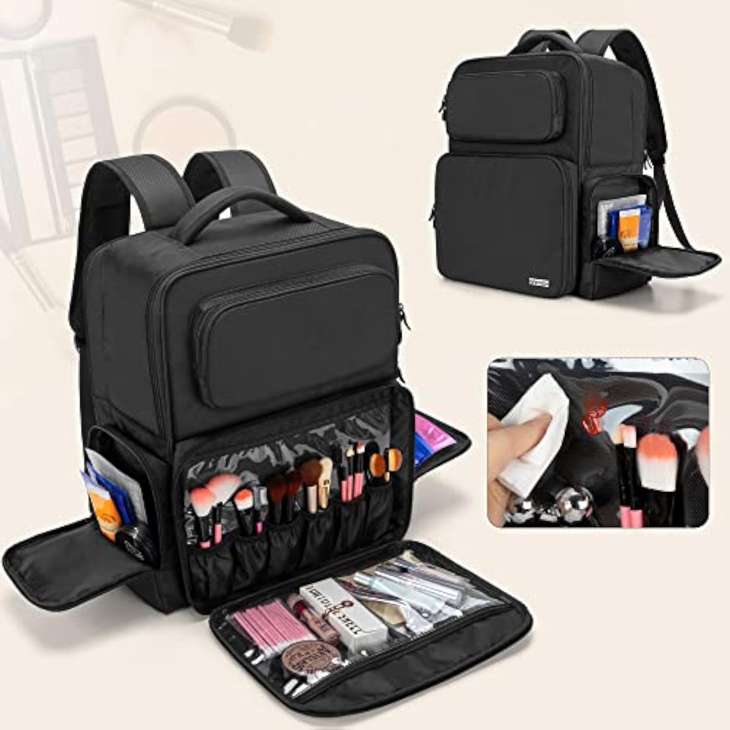 Large Makeup Backpack, Makeup Bag With Sleeve For Laptop, Black