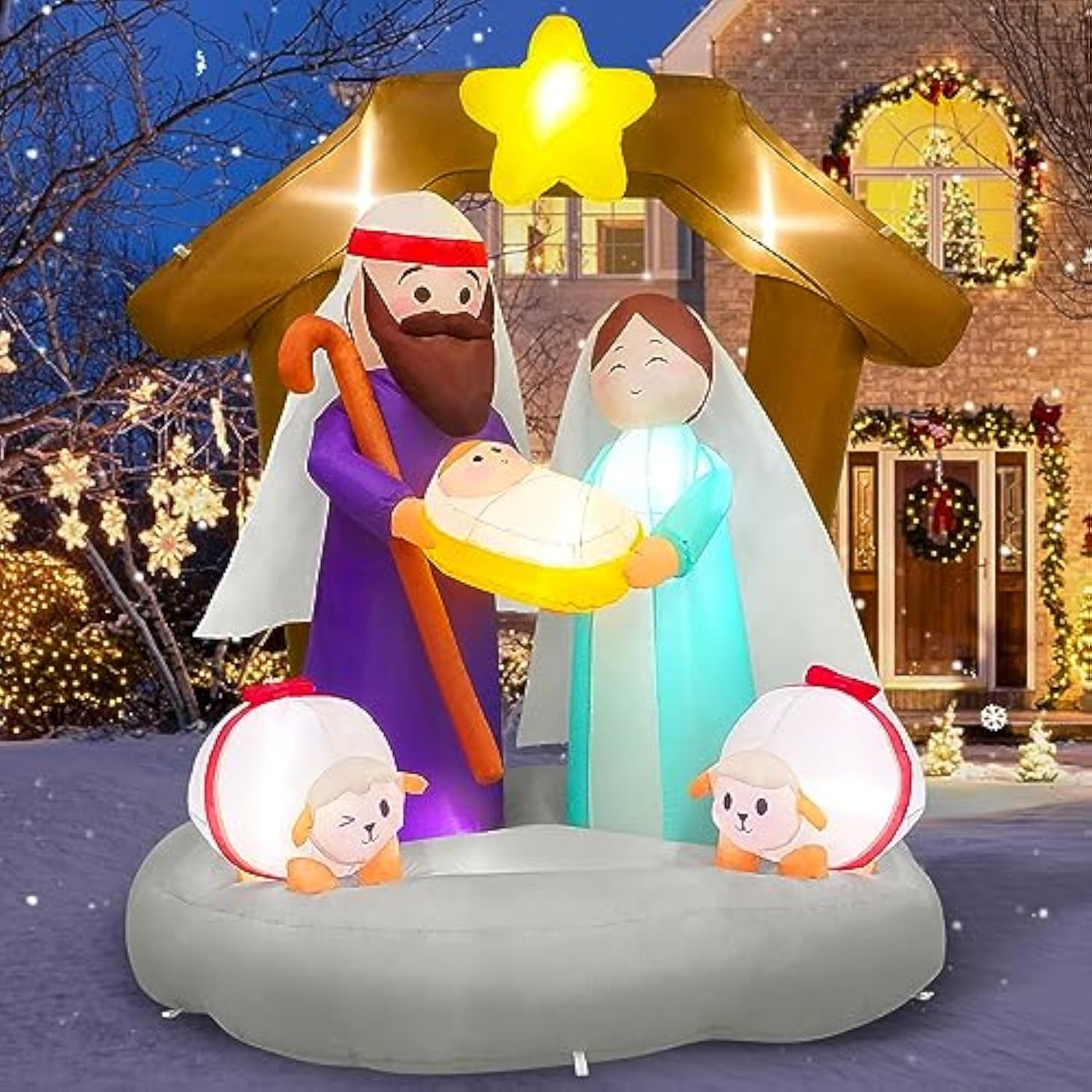 6Ft Tall Christmas Inflatables Nativity Scene Outdoor Decorations, Built-In Led Lights Funny Inflatable The Birth Of Jes