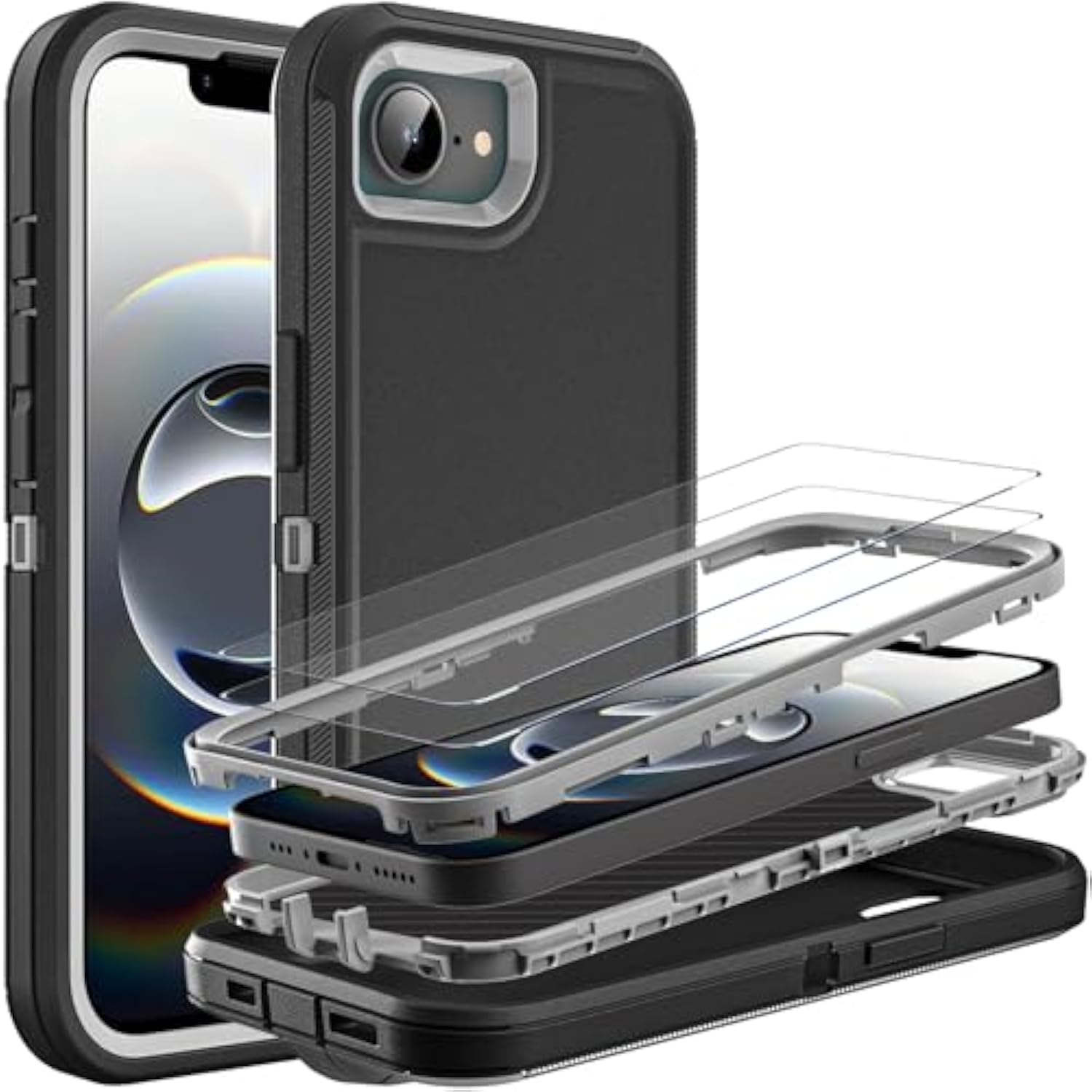 For Iphone 16E Case, Military Grade 3 In 1 Heavy Duty Shockproof/Drop Proof/Dust Proof Case With 2Pcs Tempered Glass Screen Protector (Black/Grey)