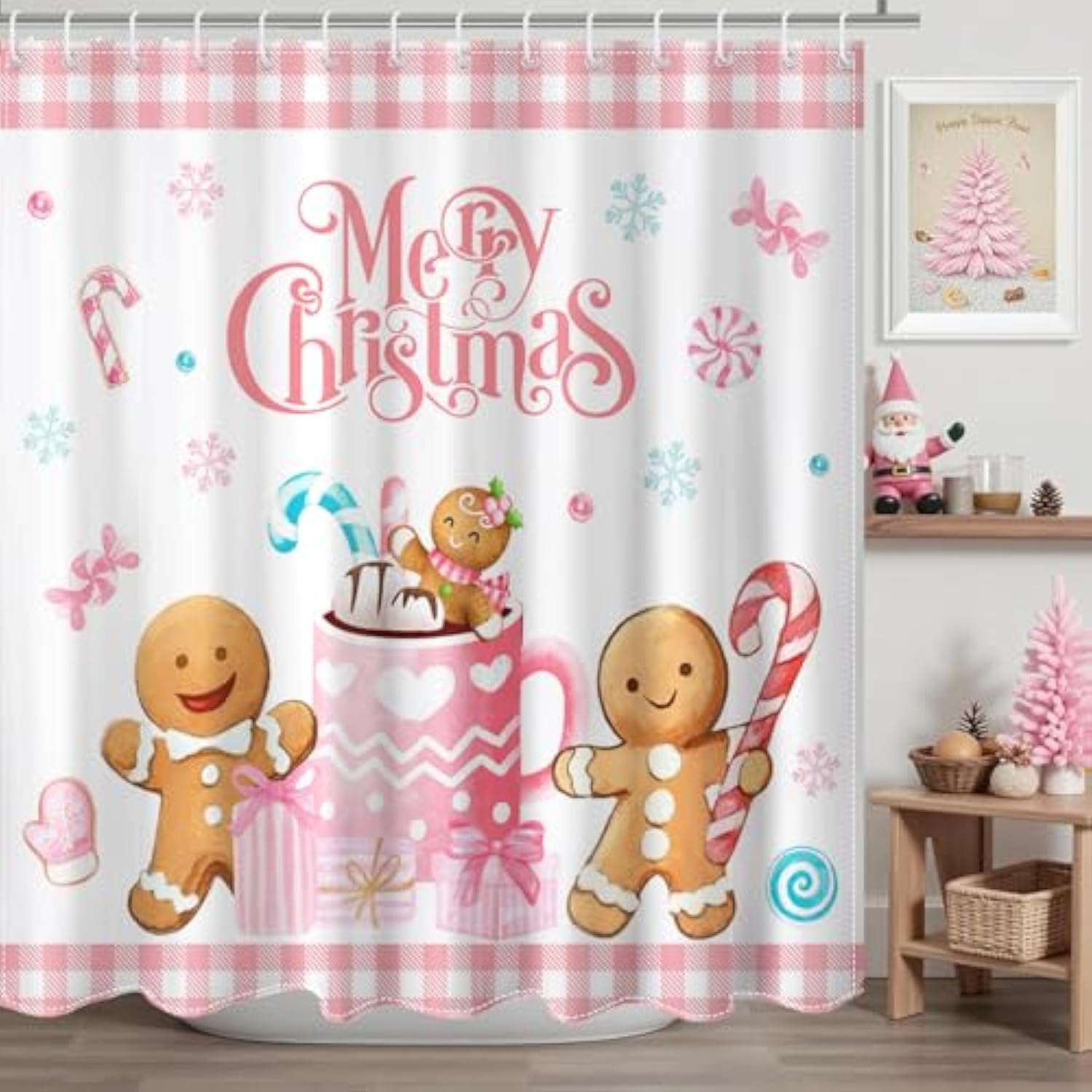 Merry Christmas Shower Curtain Pink Checked Cute Gingerbread-Man Shower Curtain With 12 Hooks Winter Snowflake Xmas Candy Bath Curtain For Christmas Kids Bathroom Decor, 72 X 72 Inch