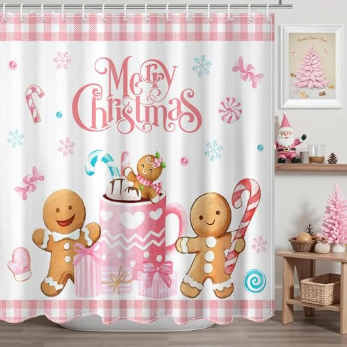 Merry Christmas Shower Curtain Pink Checked Cute Gingerbread-Man Shower Curtain With 12 Hooks Winter Snowflake Xmas Candy Bath Curtain For Christmas Kids Bathroom Decor, 72 X 72 Inch