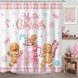 Merry Christmas Shower Curtain Pink Checked Cute Gingerbread-Man Shower Curtain With 12 Hooks Winter Snowflake Xmas Candy Bath Curtain For Christmas Kids Bathroom Decor, 72 X 72 Inch