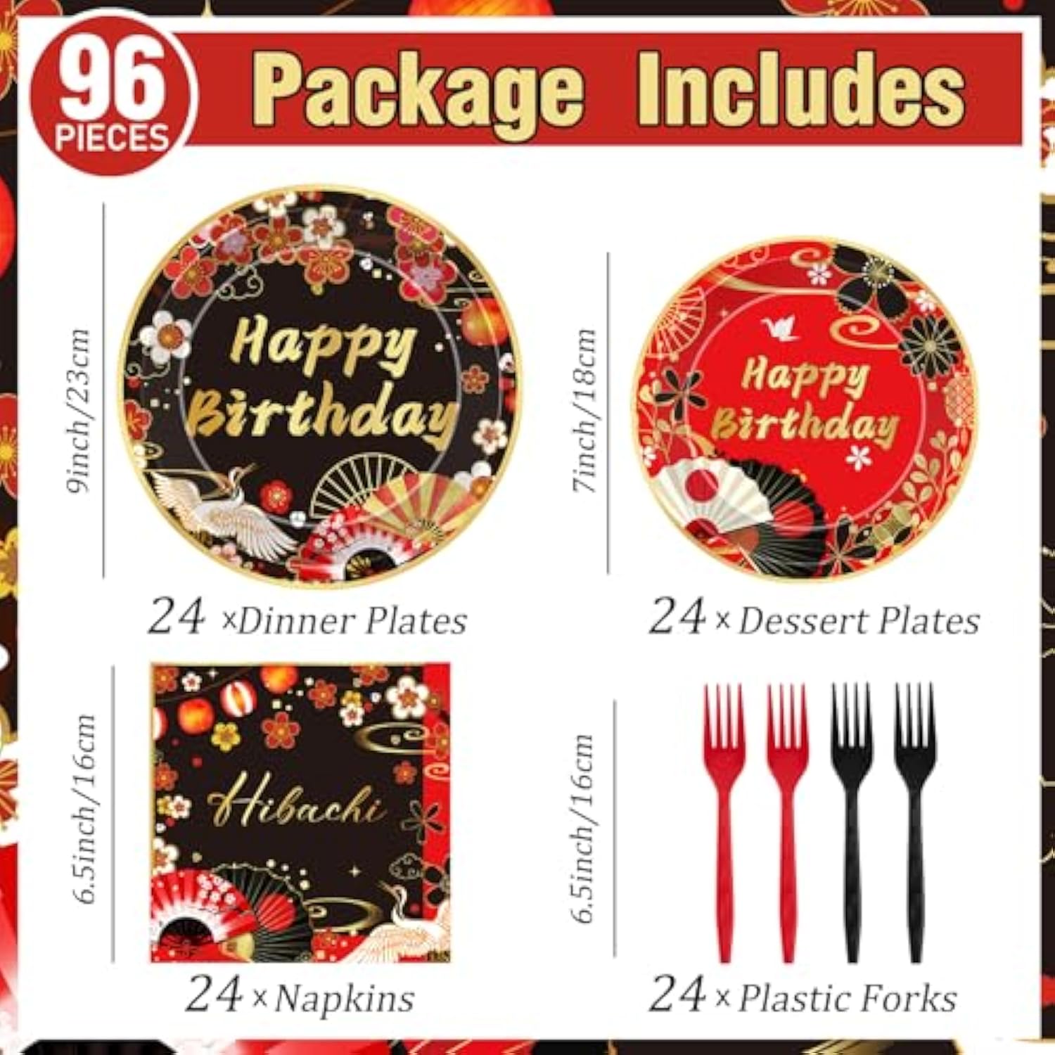 Hibachi Birthday Party Decorations - 96 Pcs Red Black Disposable Paper Dessert Plates Napkins Forks Tableware Set Oriental Crane Plum Folding Fans Japanese Supplies Favors Serves 24 Guests