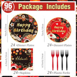 Hibachi Birthday Party Decorations - 96 Pcs Red Black Disposable Paper Dessert Plates Napkins Forks Tableware Set Oriental Crane Plum Folding Fans Japanese Supplies Favors Serves 24 Guests