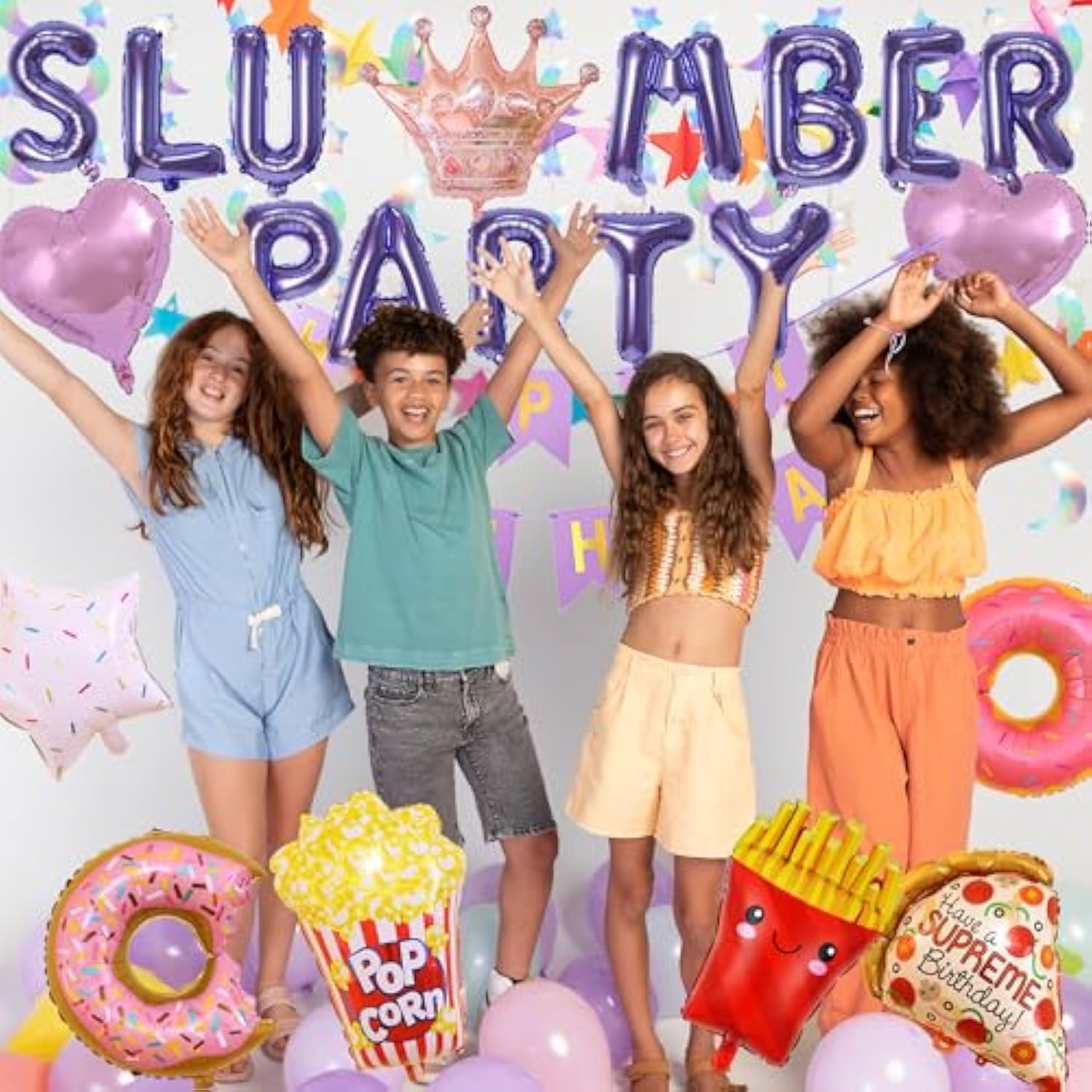 Slumber Birthday Party Supplies Girls - Purple Slumber Party Balloon Banner Large Popcorn Donut Pizza Crown Foil Balloons Set Girls Night Sleepover Pajama Theme Party Decorations