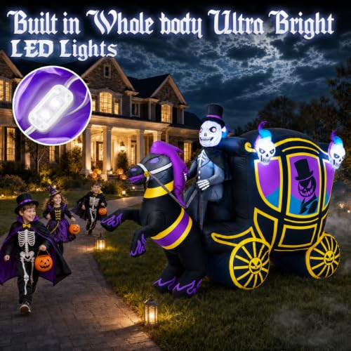 10FT Long Halloween Inflatable Decorations Outdoor Skeleton Carriage & Horse with Bright Built-in LEDs, Giant Halloween Blow Up Yard Decoration Large Blowups with Creepy Spooky for Lawn Party