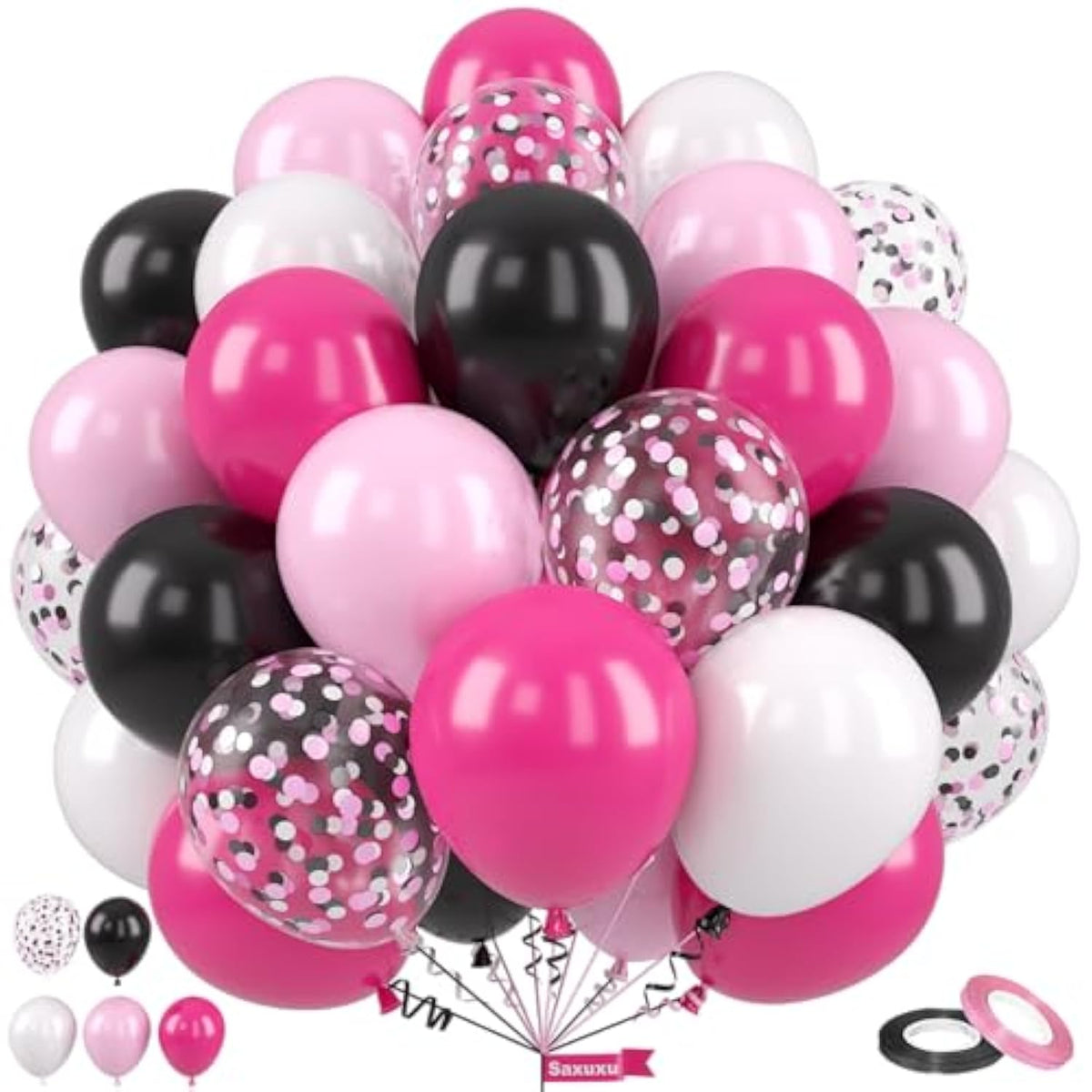 Pink And Black Balloons, 12 Inch Pink Black Balloons, Hot Pink White Pastel Confetti Latex Balloon For Girls Birthday Baby Shower Wedding Bridal Shower Party Decorations