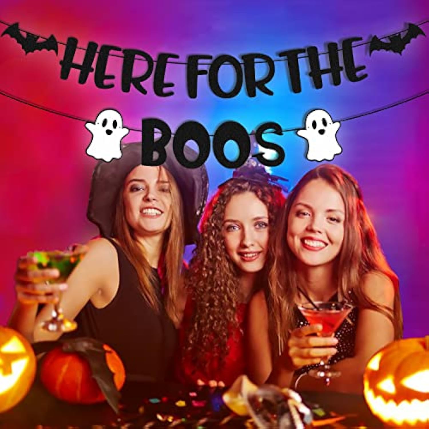 Here for The Boos Banner Halloween Ghost Bat Pumpkin Happy Boo Day Party Decor