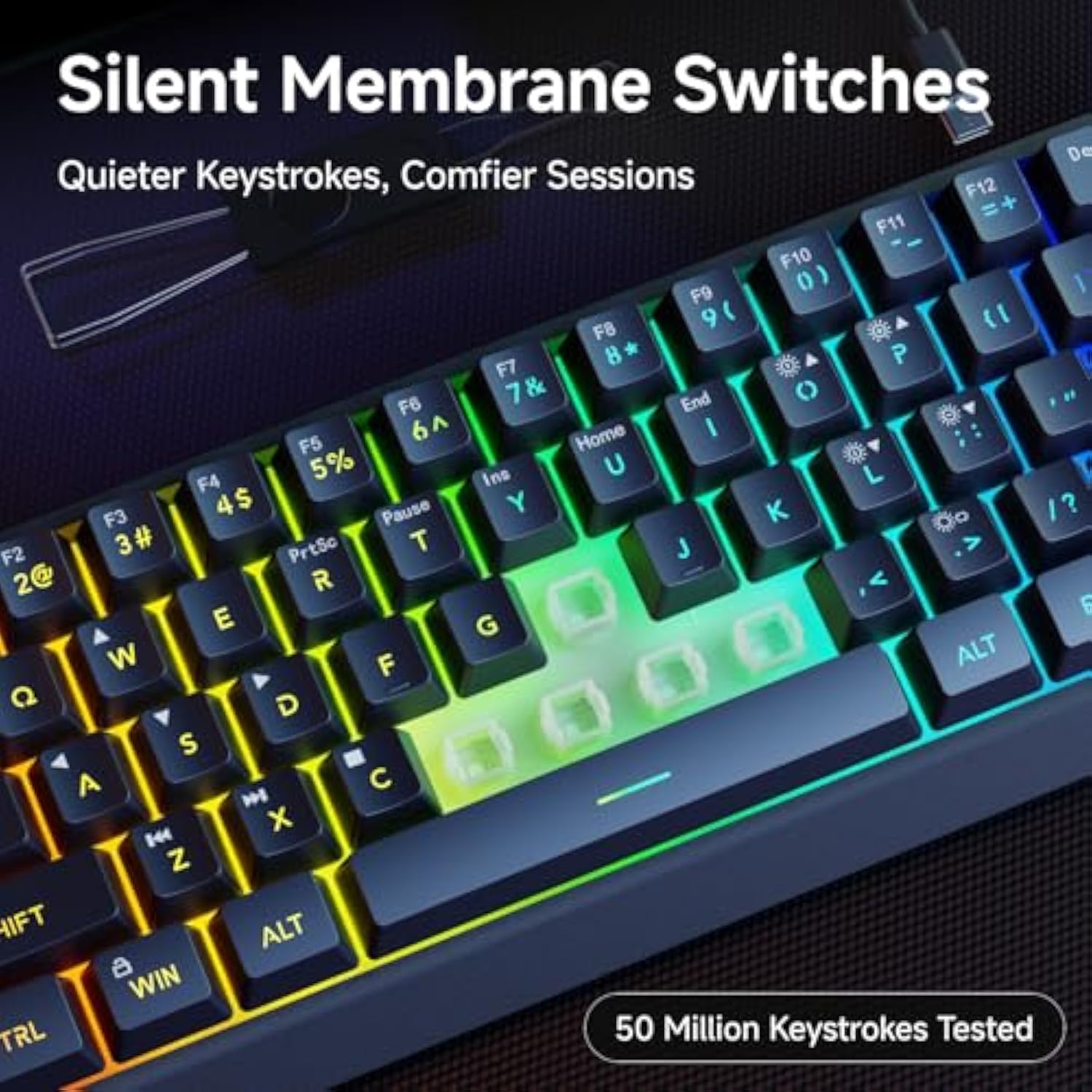 Eweadn F61 60% Gaming Keyboard Wired, Rgb Backlit Membrane Gaming Keyboard With Pbt Keycaps, Compact Design, Lanyard Wired Keyboard For Mac/Win-Black