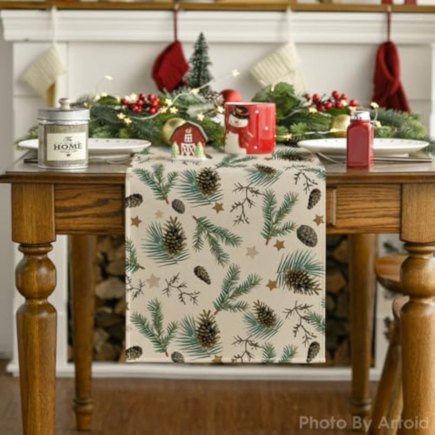 Pine Cone Leaves Stars Merry Christmas Table Runner, Seasonal Winter Green Kitchen Dining Table Decoration For Home Party Decor 13X36 Inch