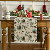 Pine Cone Leaves Stars Merry Christmas Table Runner, Seasonal Winter Green Kitchen Dining Table Decoration For Home Party Decor 13X36 Inch