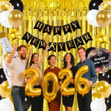 Happy New Year 2026 Party Set with Foil Balloons, Banner, and Backdrop