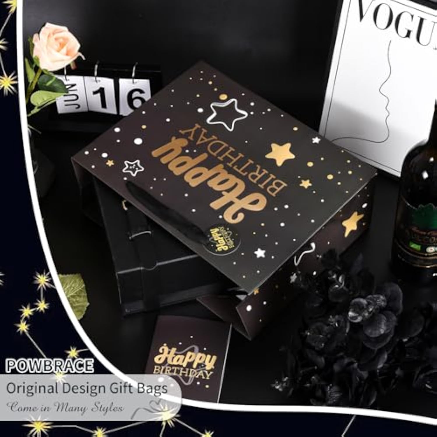 Black Birthday Gift Bag Medium 13x10.2x4.9 Inch Includes Card Tissue Paper Ribbon