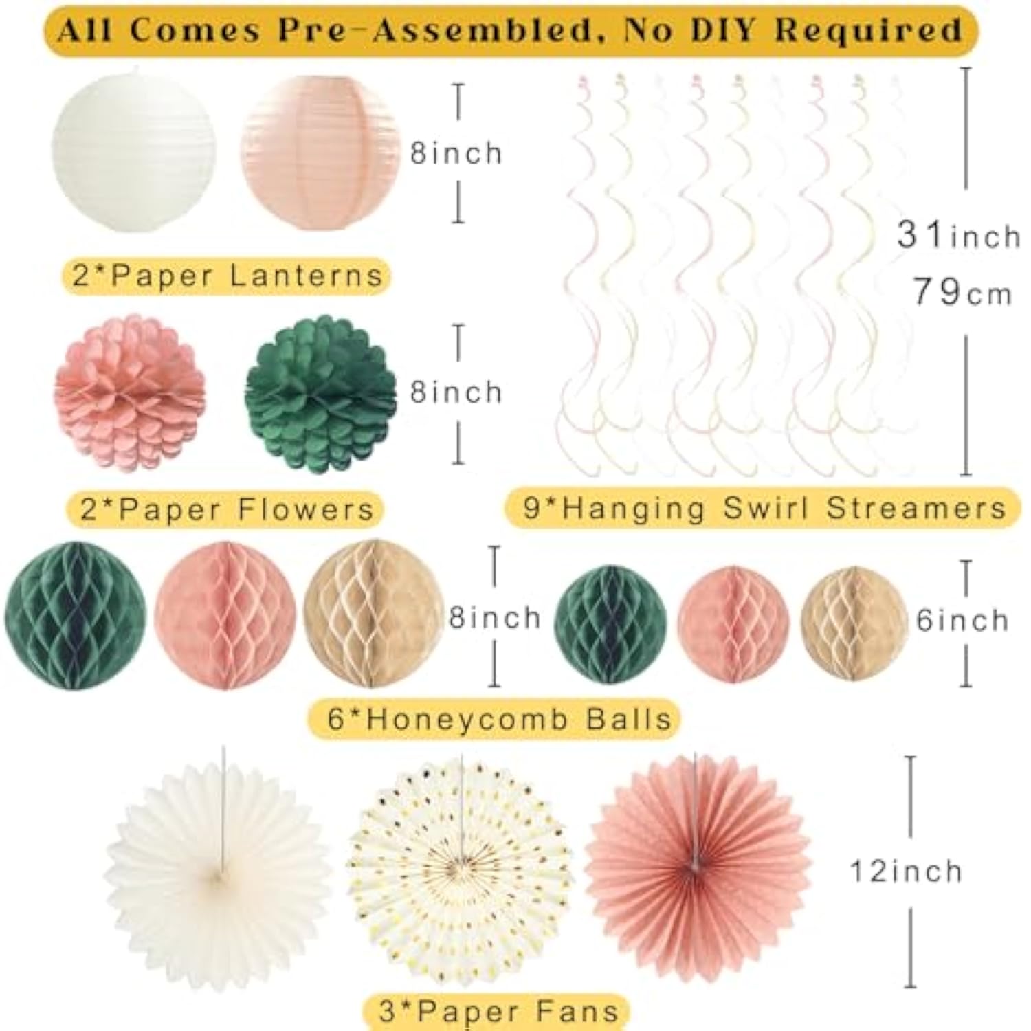 Pink Sage Green Happy Birthday Decorations, Pre-Strung Happy Birthday Banner With Honeycomb Balls, Paper Flowers, Lanterns, Hanging Swirls, Circle Dots Garland For Birthdays Party Decorations 24Pcs