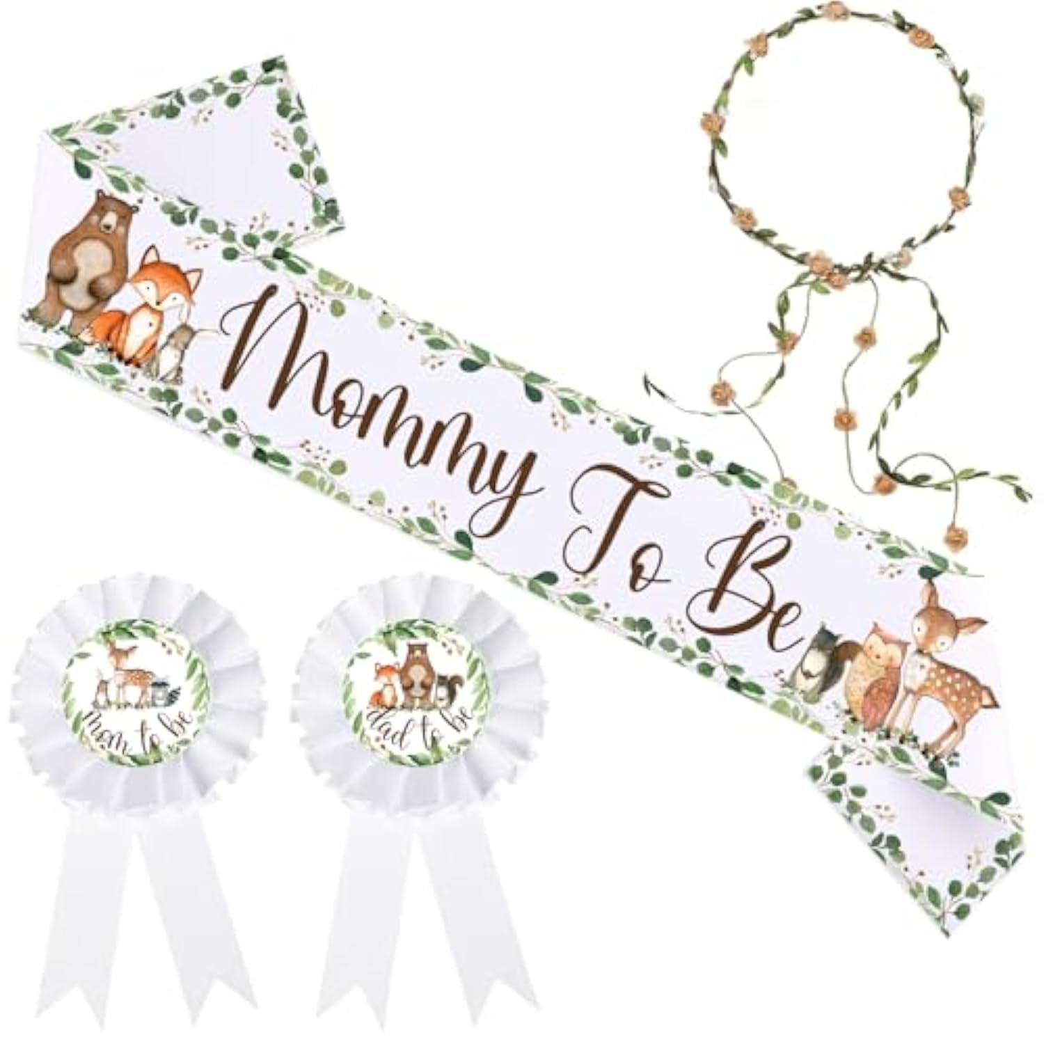 Woodland Animal Theme Mom To Be Sash For Baby Shower Decorations, Dad To Be Pin And Flower Crown Headband Cute Satin Baby Shower Sash For Gender Reveal, Party Favors, Pregnancy Props Keepsake