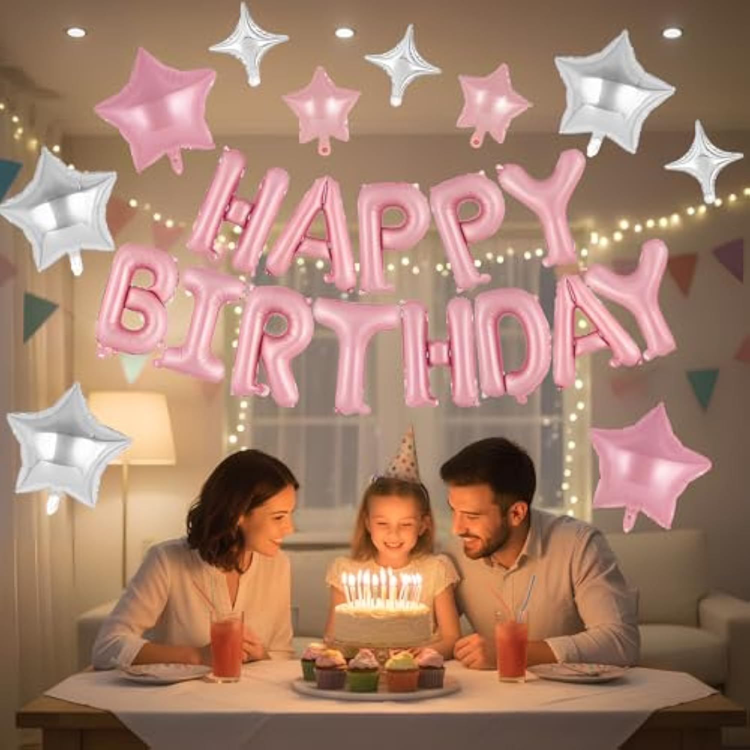 Pink Happy Birthday Balloon Set 16 Inch Happy Birthday Balloon Banner Letters Balloons With Pink And Silver Star Foil Balloons Decorations For Birthday Party Supplies