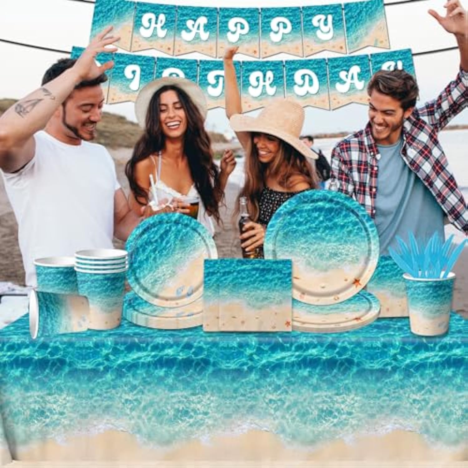 Beach Party Supplies, 142Pcs Ocean Waves Birthday Party Supplies Tableware Set Summer Pool Party Decorations Plates,Cups,Napkins,Banner,Tablecloth For Hawaiian Party Birthday Decorations