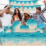 Beach Party Supplies, 142Pcs Ocean Waves Birthday Party Supplies Tableware Set Summer Pool Party Decorations Plates,Cups,Napkins,Banner,Tablecloth For Hawaiian Party Birthday Decorations