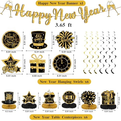 Happy New Year Decorations 2026 Kits, New Year Eve Party Supplies with Banner Hanging Swirl Streamers Table Centerpieces Table Toppers Decor for NYE Decorations