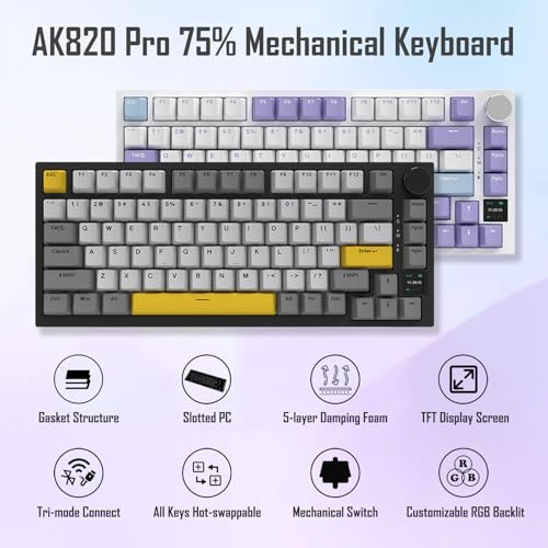 Ajazz Ak820 Pro 75% Gasket Rgb Wireless Mechanical Keyboard With Tft Screen, Volume Knob, Bluetooth/2.4G/Wired 3-Modes, Compact 82 Hot-Swap Keys, Tricolor Pbt Keycap, 4000 Mah (Gray&Yellow 3-Modes)